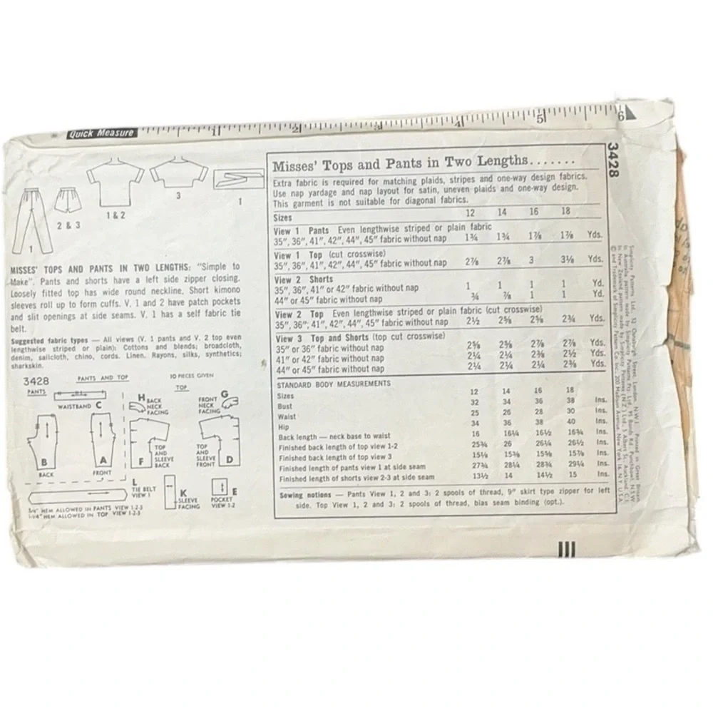 Simplicity Vintage Pattern 3428 Shorts Top Pants Easy
